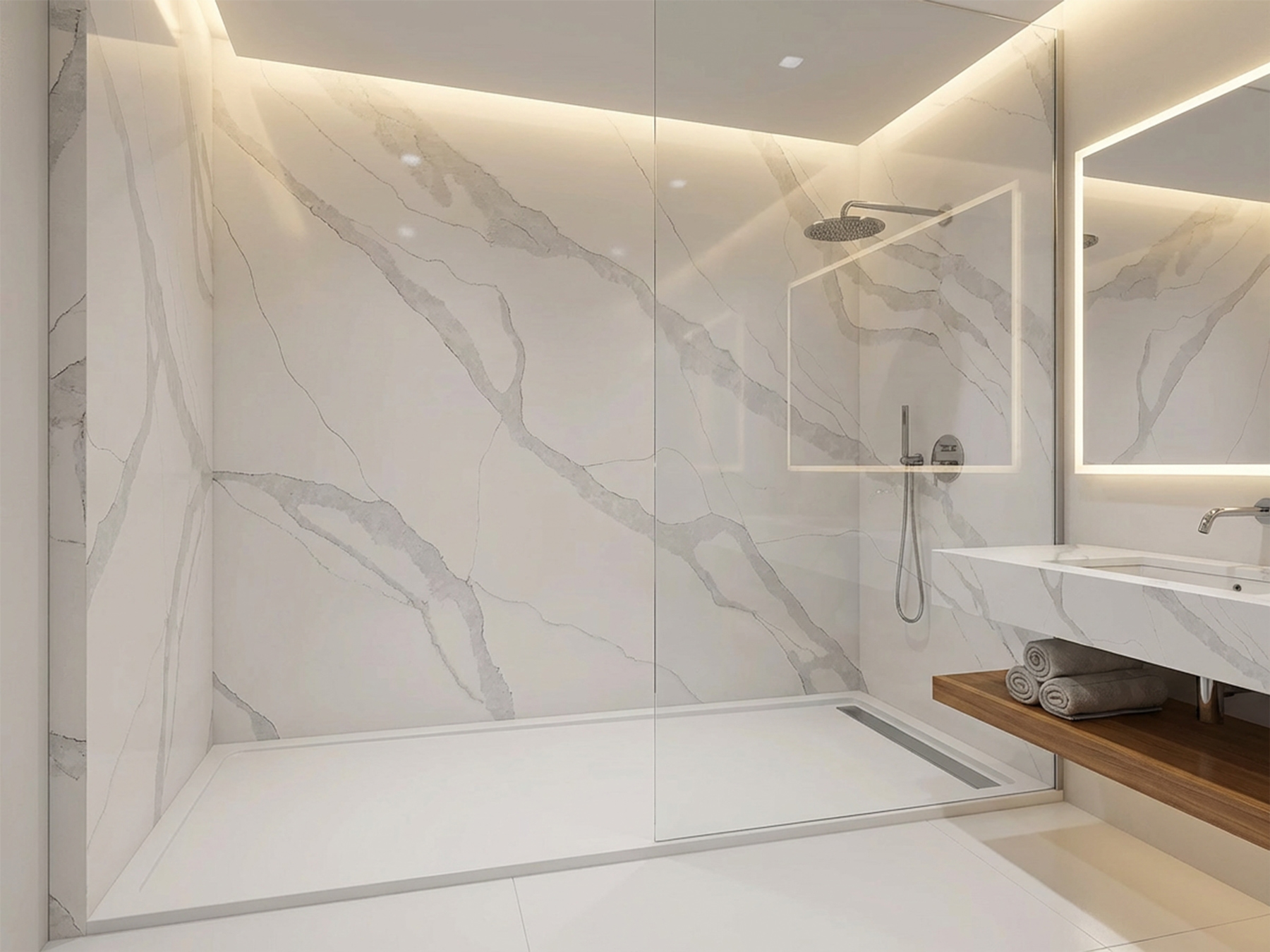 Marble shower with glass panel